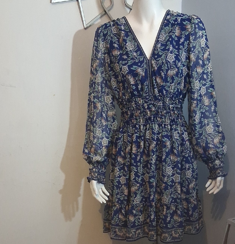 Max Studio Beautiful  Navy Floral Long Sleeve Dress With Ruffle on the bottom